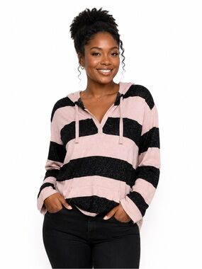 NWT Market and Spruce Brushed Knit Pink and Grey Striped Hoodie  Size Large